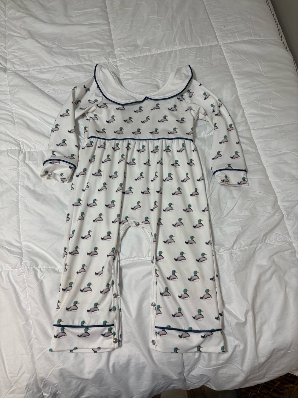 White Baby One-Piece Romper with Duck Print and Navy Trim